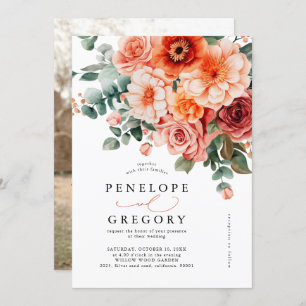 Verona Sunset Bright Orange  Floral Photo Wedding Invitation