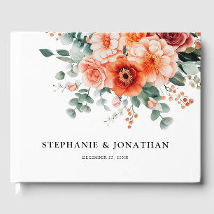Verona Sunset Bright Orange Modern Floral Wedding Guest Book