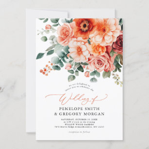 Verona Sunset Bright Orange Modern Floral Wedding Invitation