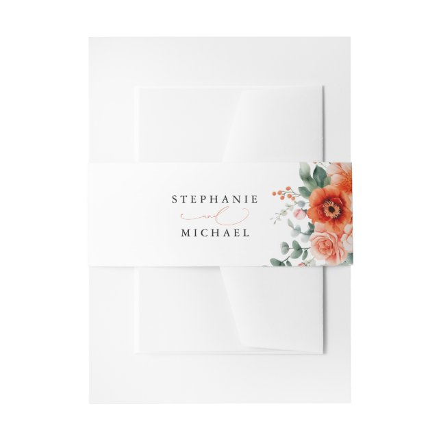 Verona Sunset Bright Orange Modern Floral Wedding Invitation Belly Band (Front Example)