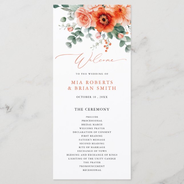 Verona Sunset Bright Orange Modern Floral Wedding Programme (Front)