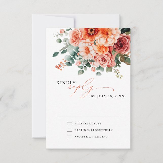 Verona Sunset Bright Orange Modern Floral Wedding RSVP Card (Front)