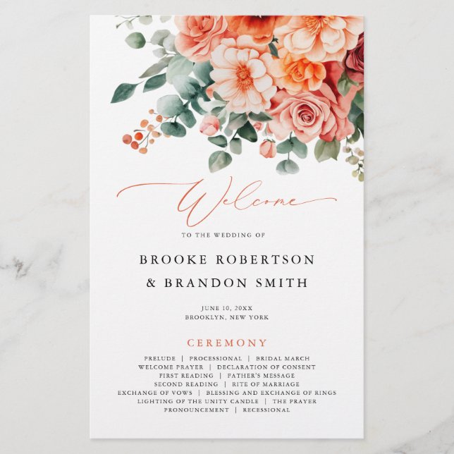 Verona Sunset Bright Orange Modern Wedding Program (Front)