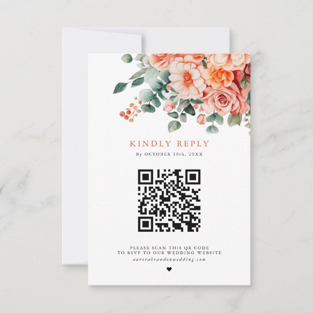 Verona Sunset Bright Orange QR code Floral Wedding RSVP Card (Front)