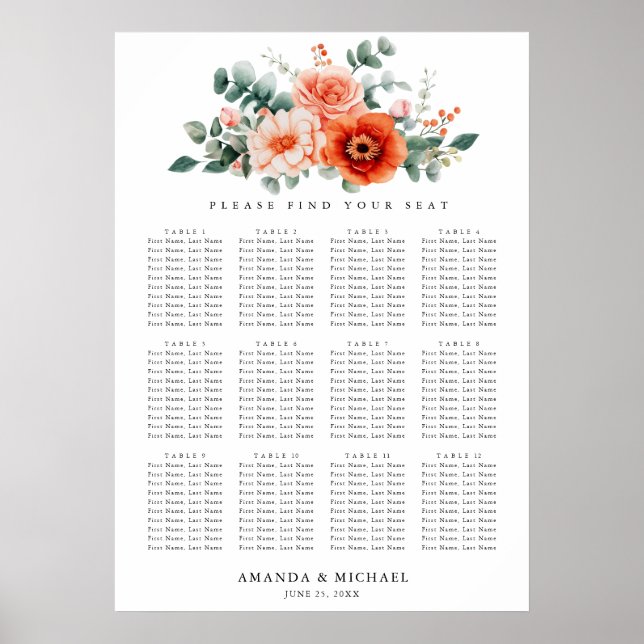 Verona Sunset Bright Orange  Wedding Seating Chart (Front)