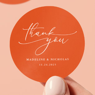 Verona Sunset Orange Calligraphy Wedding Thank You Classic Round Sticker