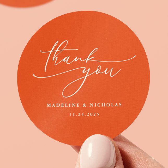 Verona Sunset Orange Calligraphy Wedding Thank You Classic Round Sticker (Creator Uploaded)