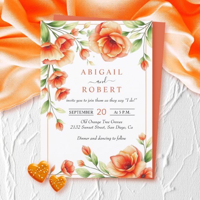Verona sunset orange floral frame wedding invitation (Creator Uploaded)