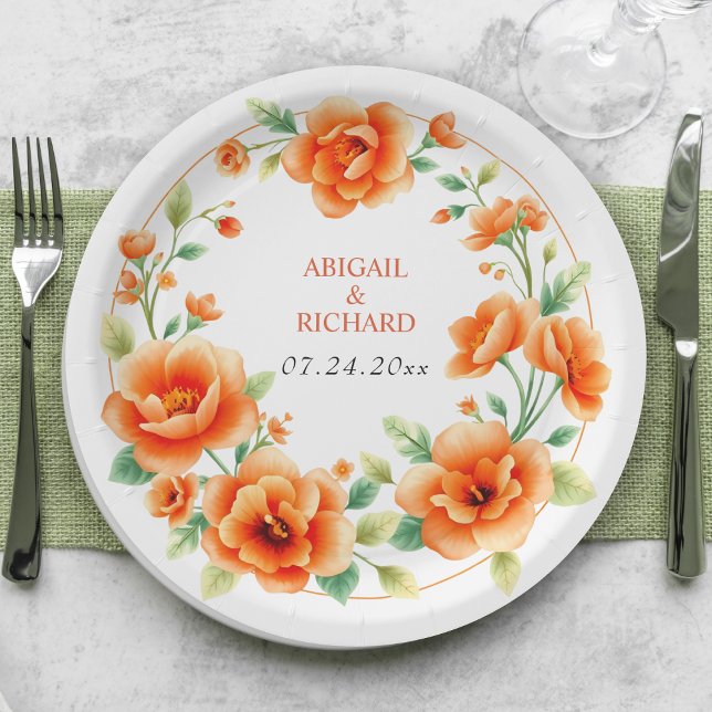 Verona sunset orange round floral frame wedding paper plate (Creator Uploaded)