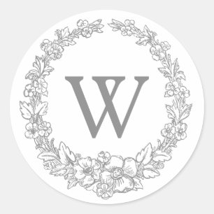 Versailles Grey   Classic Floral Wreath Monogram Round Sticker