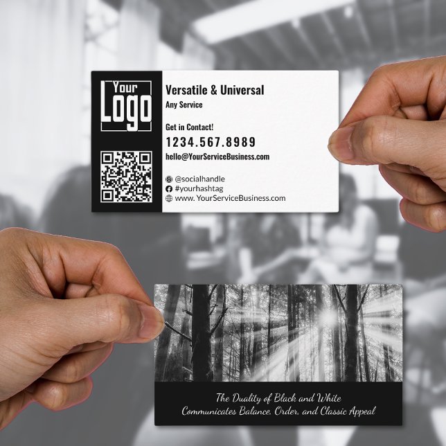 Versatile Black & White Landscape Business Card (Versatile Black & White Landscape Business Card, Logo, QR code, Call-to-Action)