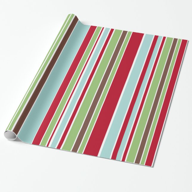 Versatile Holiday Red, Green, Blue & Brown Stripes Wrapping Paper (Unrolled)
