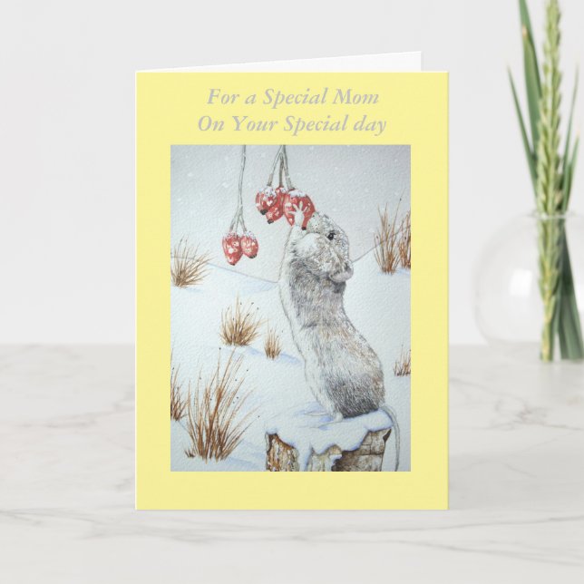 versed cute mouse red berries snow scene wildlife holiday card (Front)