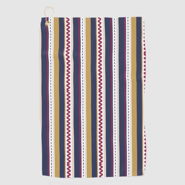 Vertical and horizontal views of a pouch with navy golf towel (Front)