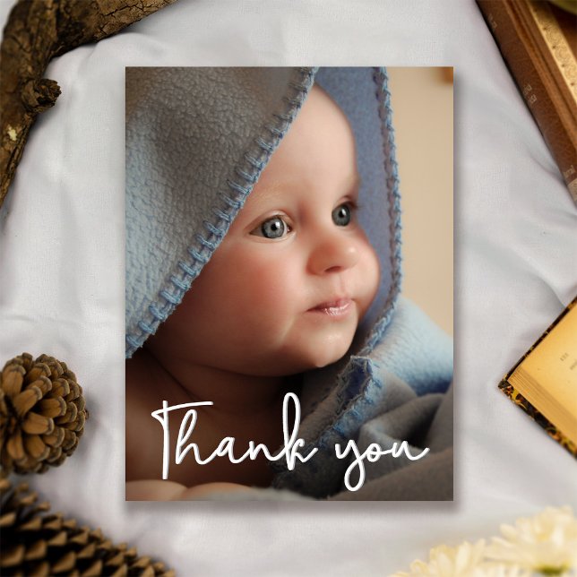 Vertical Baby Photo Birth Announcement Thank You Postcard (Modern Script Baby shower thank you birth announcement postcard.)