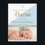 Vertical Back baby boy photo Cristiano Baptism Postcard<br><div class="desc">Personalise with your baby boy's photo and full name. The printed gold "baptism" script and cross adds a touch of elegance to this modern design. The blue can be changed using the customise further tool if you need, contact us at info@lddesignloft.com should you need assistance with this design. Visit us...</div>