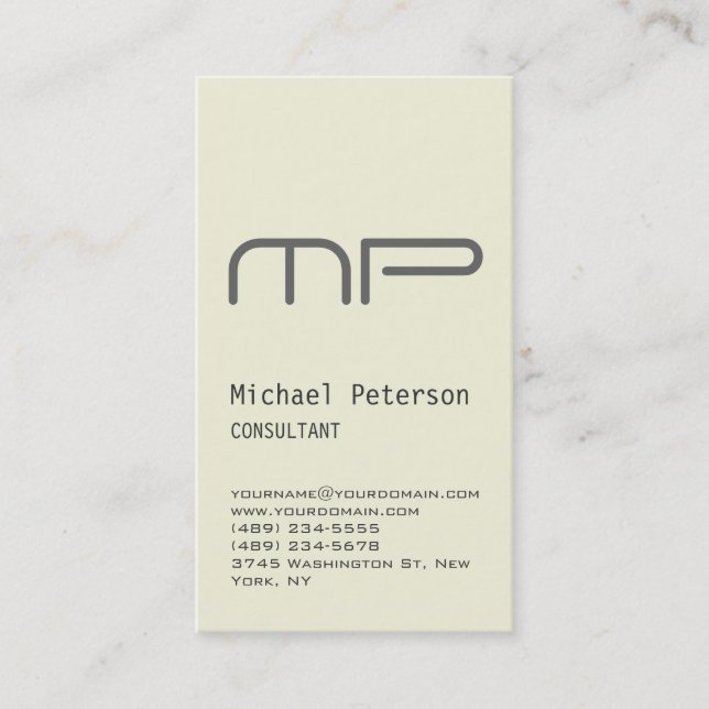 Vertical Beige Grey Monogram Trendy Business Card (Front)