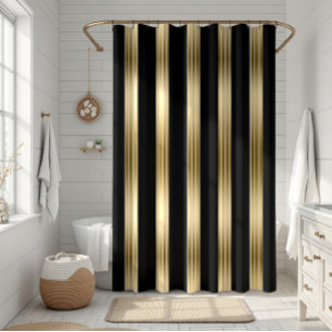 Vertical Black And Gold Stripes White Background Shower Curtain