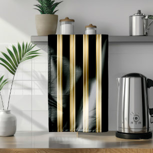 Vertical Black And Gold Stripes White Background Tea Towel