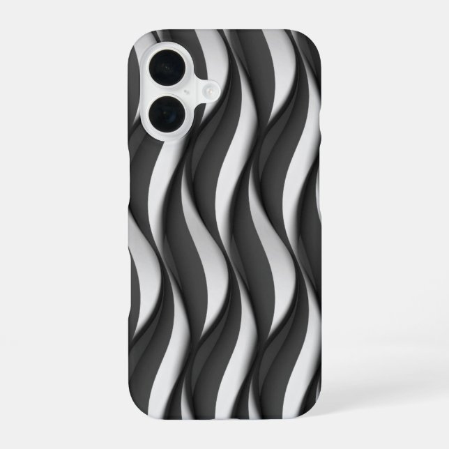 vertical black and white wave pattern iPhone 16 case (Back)