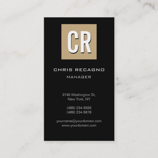 Vertical Black Beige Stripe Monogram Business Card (Front)