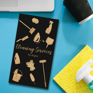 Vertical Black Gold Maid Cleaning Services Glitter Business Card