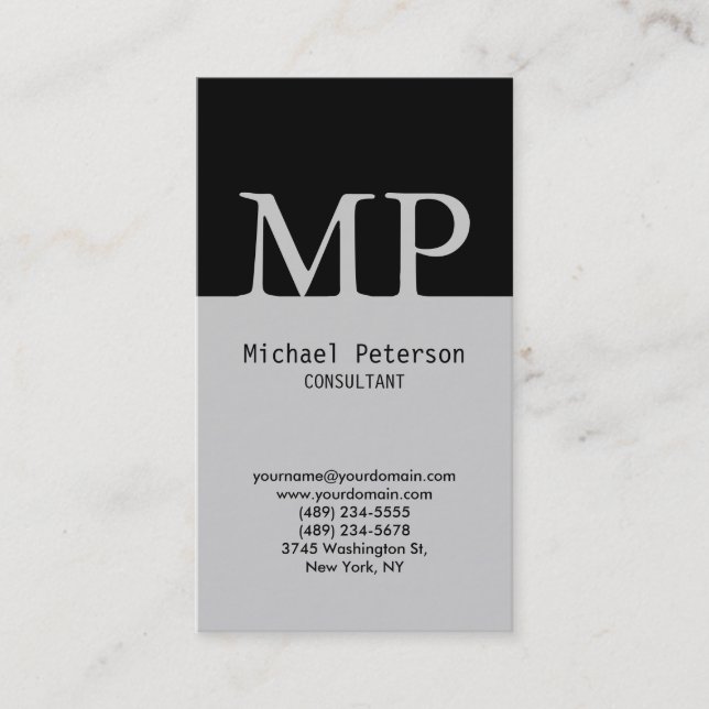 Vertical Black Grey Monogram Business Card (Front)