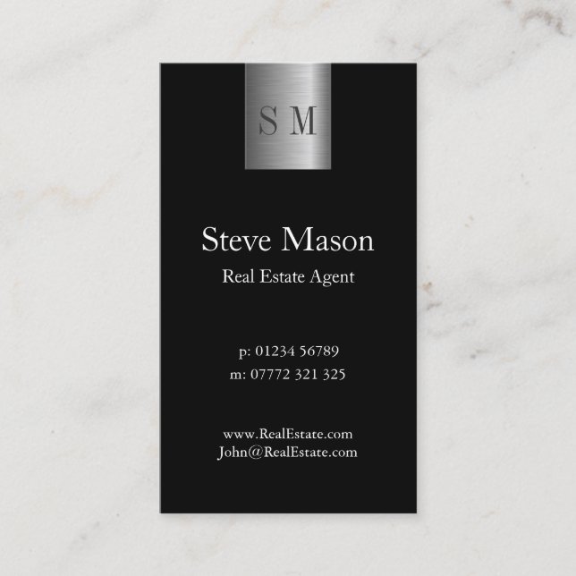 Vertical Black Steel Monogram Business Card (Front)