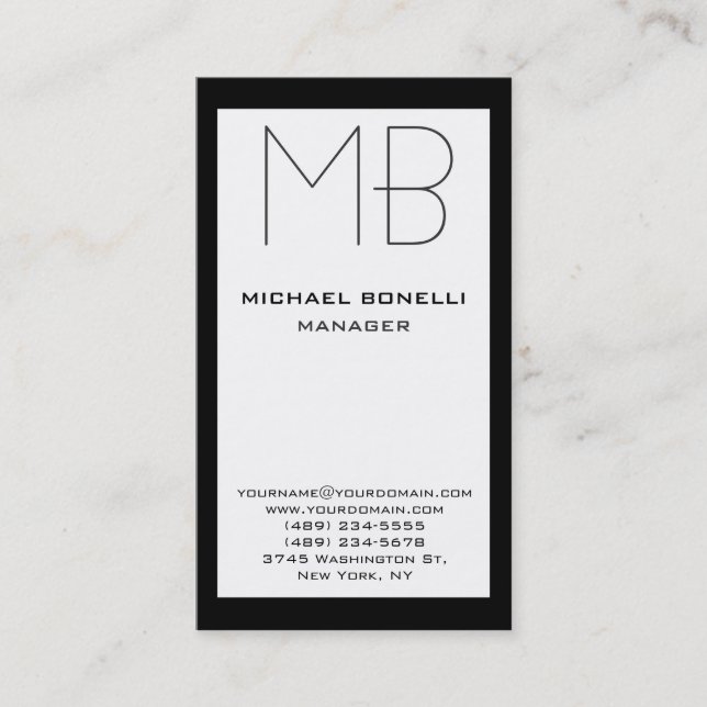 Vertical black white border monogram business card (Front)