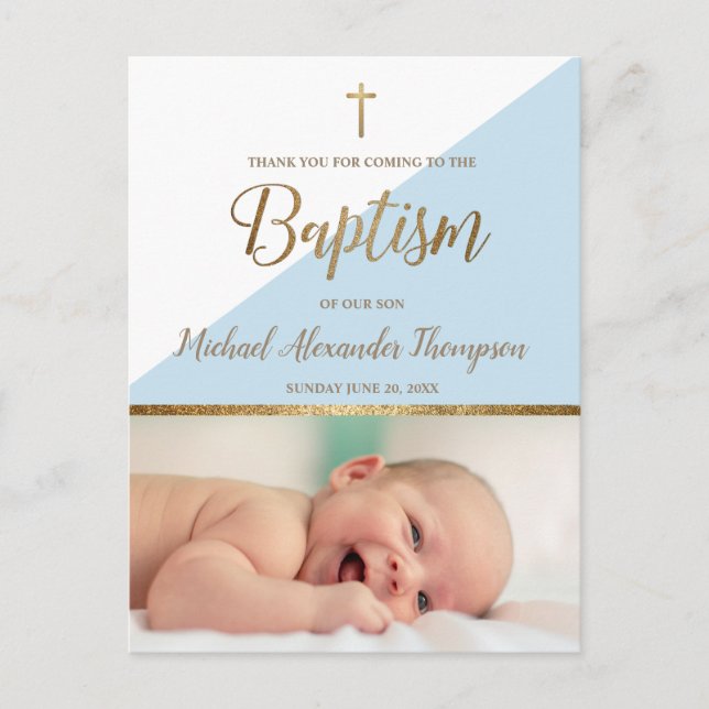 Vertical Blue Baby Boy Photo Baptism Thank You Postcard (Front)