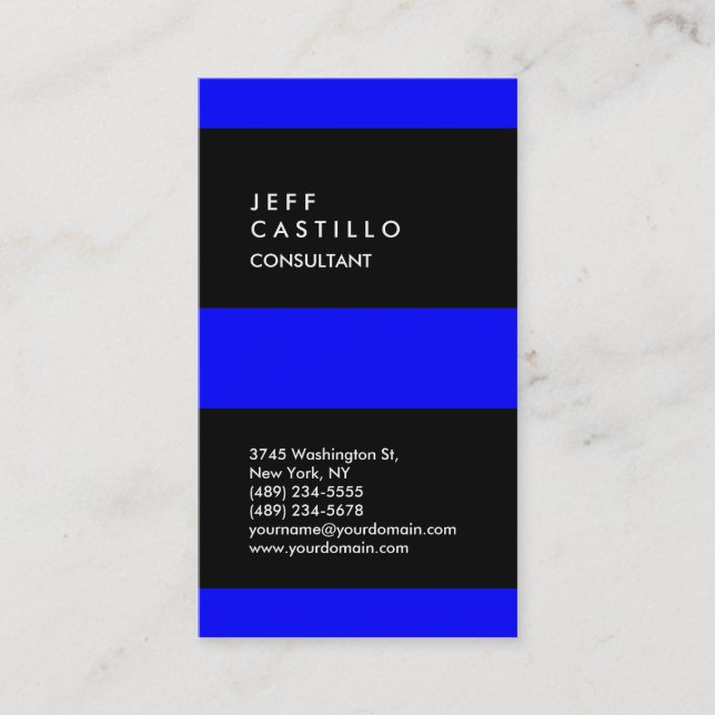 Vertical Blue Black Striped Trendy Business Card (Front)