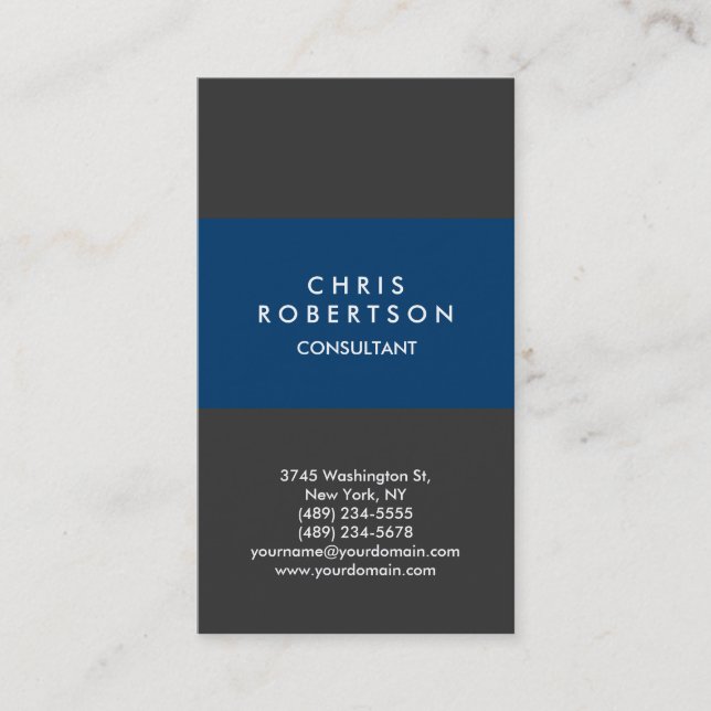 Vertical Blue Grey Minimal Business Card (Front)