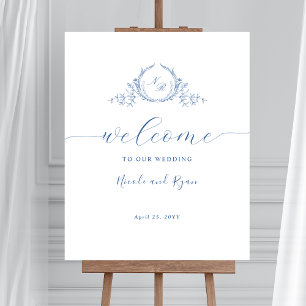 Vertical Blue Monogram Wedding Welcome Sign