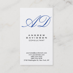 Vertical Blue White Script Monogram Business Card