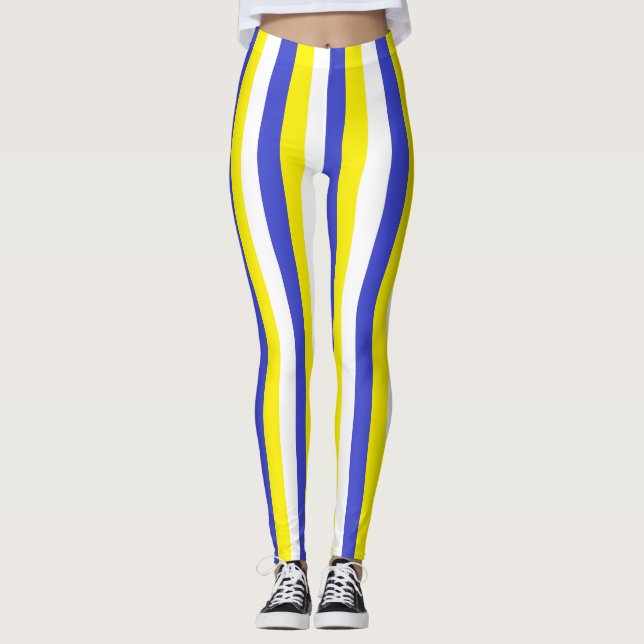 Vertical Blue, Yellow and White Stripes Leggings (Front)