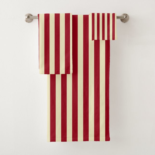 Vertical Burgundy and Cream Stripes Bath Towel Set (Insitu)