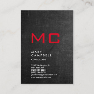 Vertical Chalkboard Grey Red Trendy Monogram Business Card