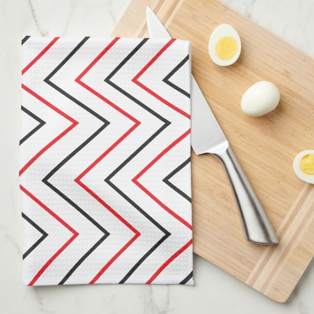 Vertical Chevron Stripe Black and Red Tea Towel (Quarter Fold)