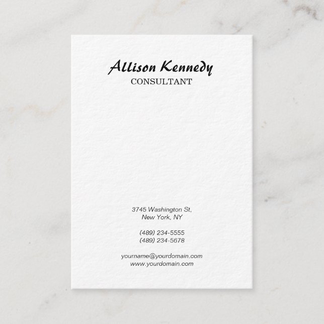 Vertical Chubby Ultra Thick White Brush Script Business Card (Front)