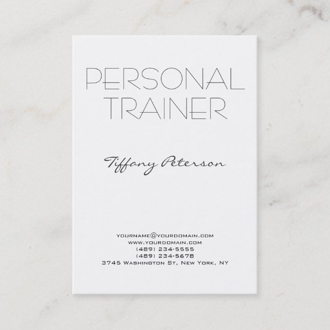 Vertical Clean White Plain Simple Personal Trainer Business Card (Front)