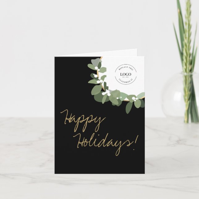 Vertical Company Logo black Modern Wreath Small  Holiday Card (Front)