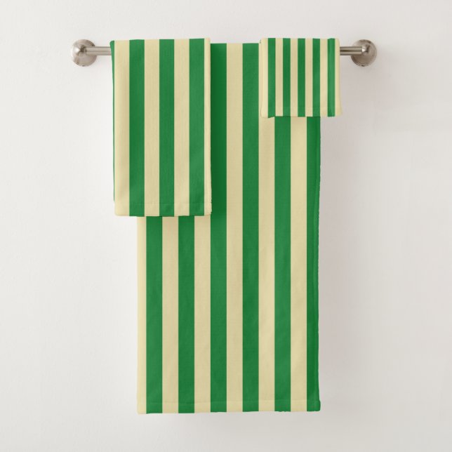 Vertical Dark Green and Beige Stripes Bath Towel Set (Insitu)