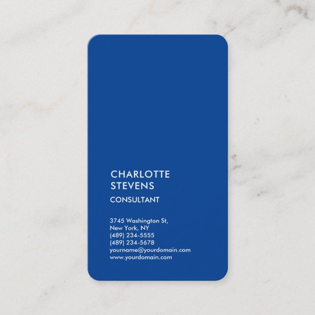 Vertical Deep Blue Trendy Minimalist Elegant Business Card (Front)