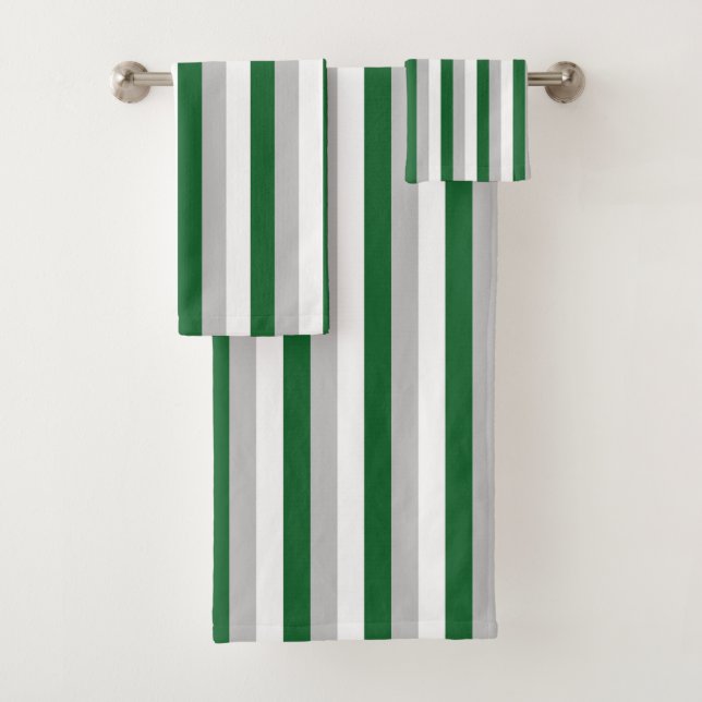Vertical Forest Green, Silver and White Stripes Bath Towel Set (Insitu)