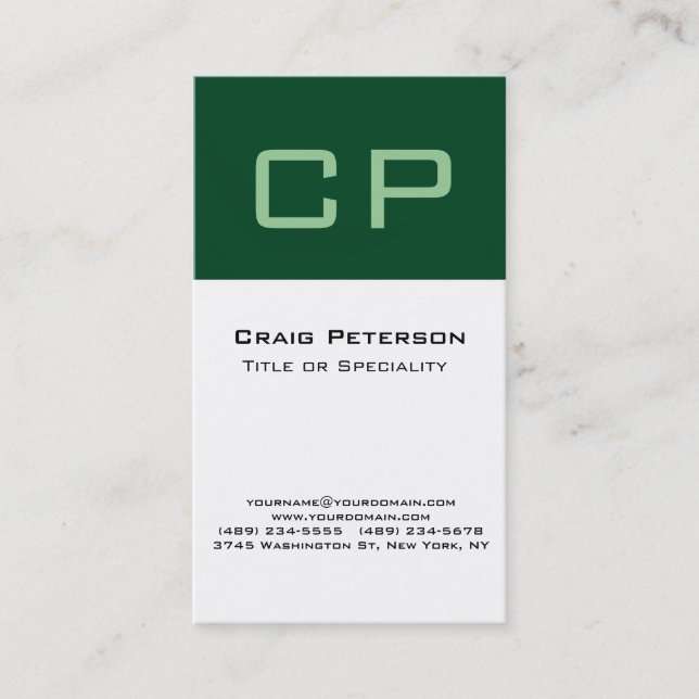 Vertical Forest Green White Monogram Business Card (Front)