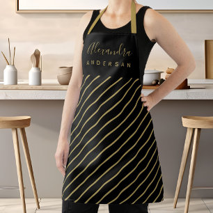 Vertical Gold Stripes Black Script Name Apron