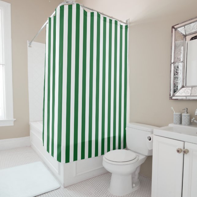 Vertical Green and White Stripes Shower Curtain (In Situ)