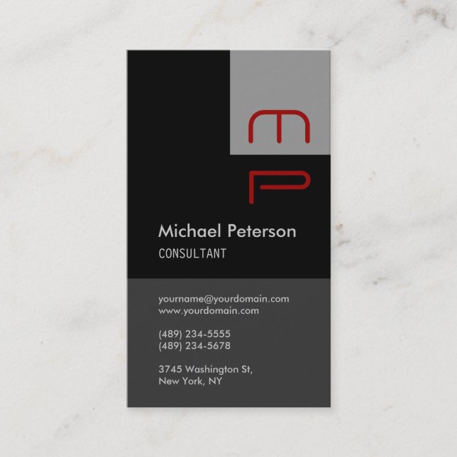 Vertical Grey Black Red Monogram Business Card (Front)