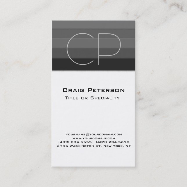 Vertical Grey Black White Monogram Business Card (Front)