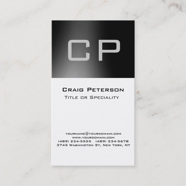 Vertical Grey Black White Monogram Business Card (Front)